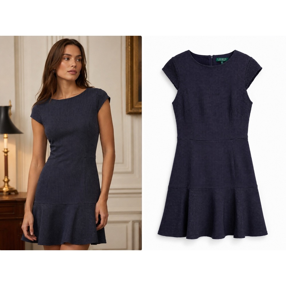 Lauren Ralph Lauren Navy Textured Dot Fit & Flare Dress‎ Size 8 - Picture 11 of 11